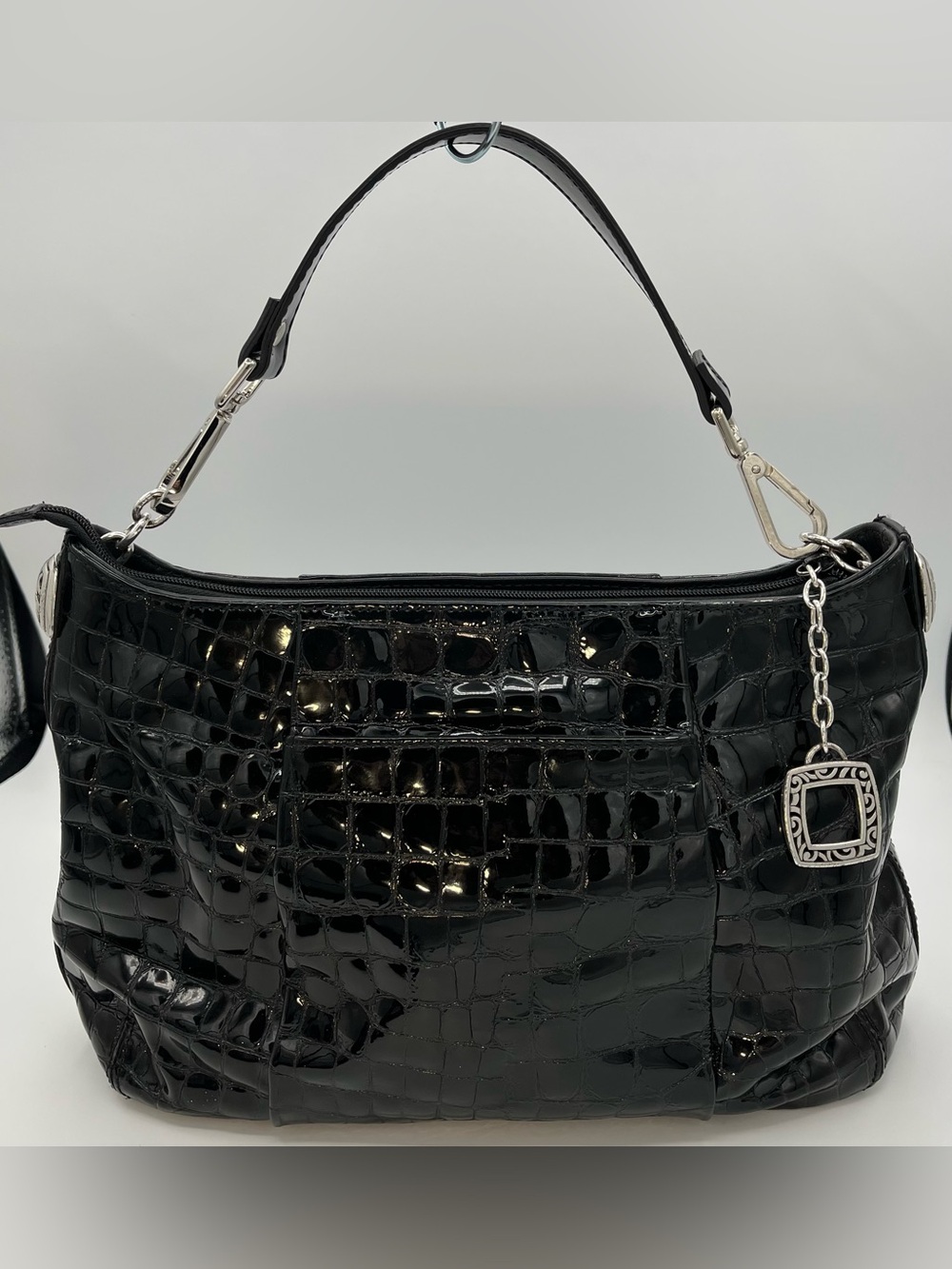 Brighton Black Croc-Embossed Shoulder Bag with Silver Accent